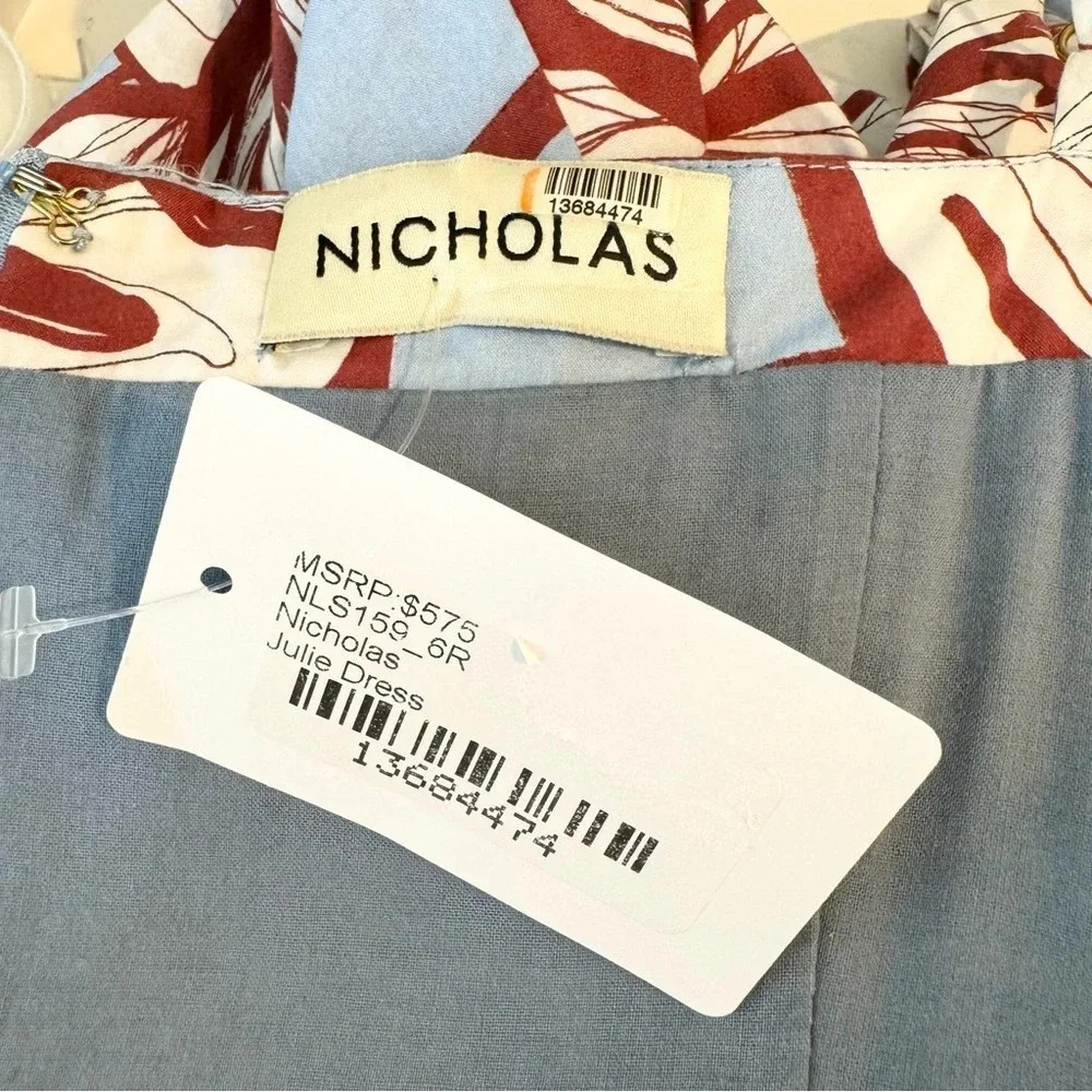 NICHOLAS Julie Cotton Floral Midi Dress Ruffle Detail and Pockets Blue Size 6 - Picture 11 of 14